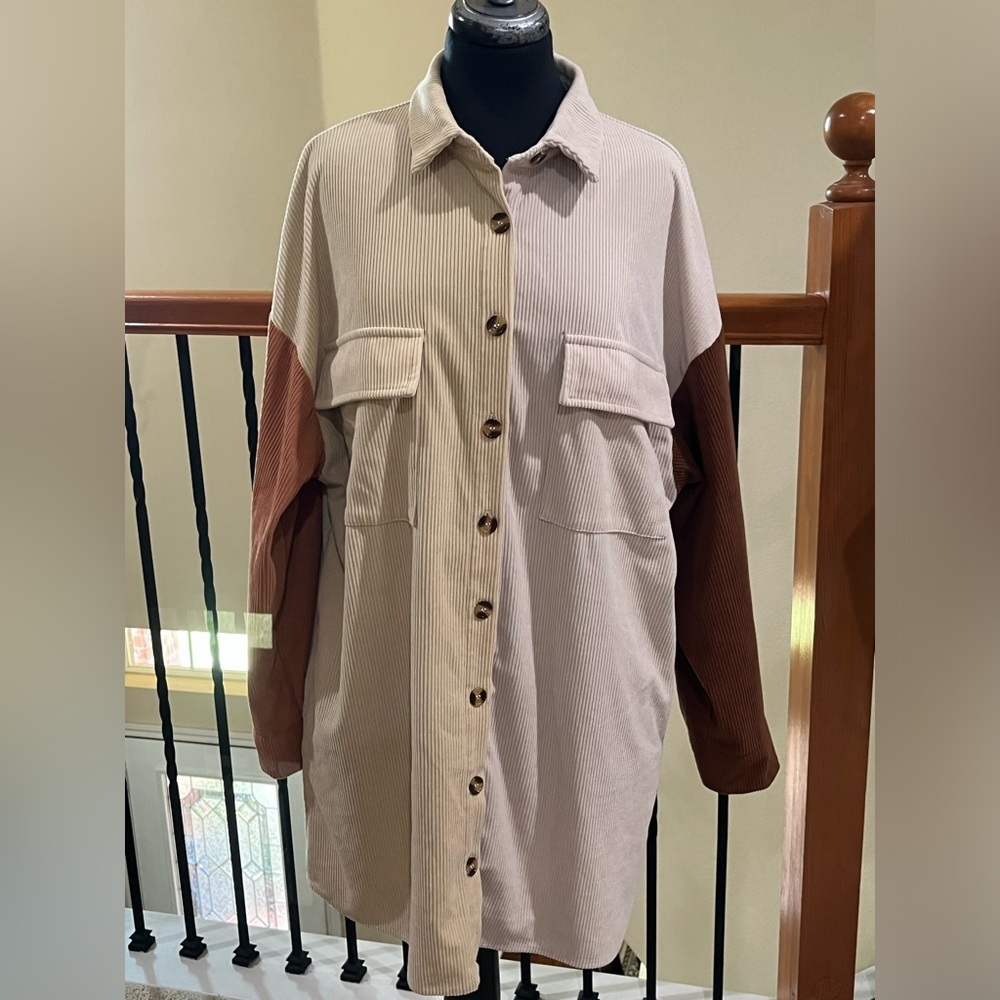 Colorblock Corduroy Shacket Jacket in Cream and Brown WOMEN SIZE XL